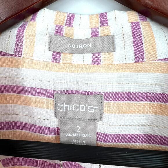 NEW NWT $99 Chicos Large 2 100% LINEN Gold Shimmer Stripe Blouse Shirt Top Beach - Picture 2 of 10